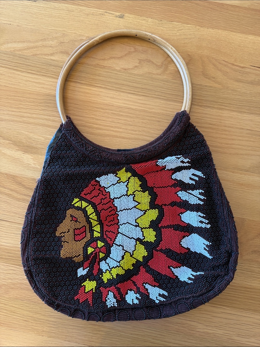 VINTAGE Mister Ernest Inc. Beaded Tribal Handbag with Wooden Handles